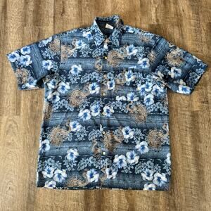 Y2K Island Tropics Royal Hibiscus Dragon Oriental Hawaiian Shirt Size Large